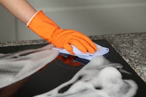 Carpet cleaning team preparing equipment safely before work