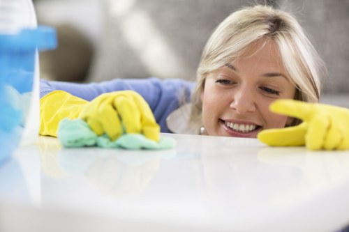 Upholstery cleaning technician treating a fabric armchair